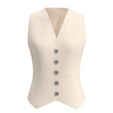 A professional woman wearing a sophisticated off-white pinstripe vest top, featuring a slim-fit tailored silhouette, classic V-neck, and contrasting black buttons for a modern business casual look.