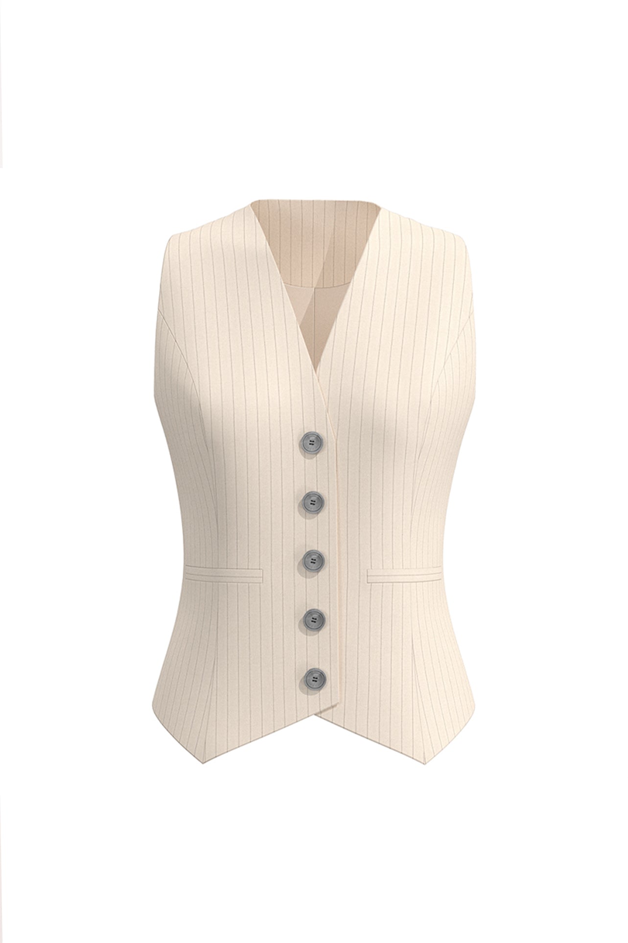 A professional woman wearing a sophisticated off-white pinstripe vest top, featuring a slim-fit tailored silhouette, classic V-neck, and contrasting black buttons for a modern business casual look.