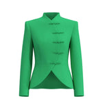 A professional woman wearing a stunning vibrant green blazer, featuring a traditional mandarin collar and elegant frog button detailing for a modern oriental-inspired executive look.