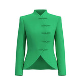 A professional woman wearing a stunning vibrant green blazer, featuring a traditional mandarin collar and elegant frog button detailing for a modern oriental-inspired executive look.
