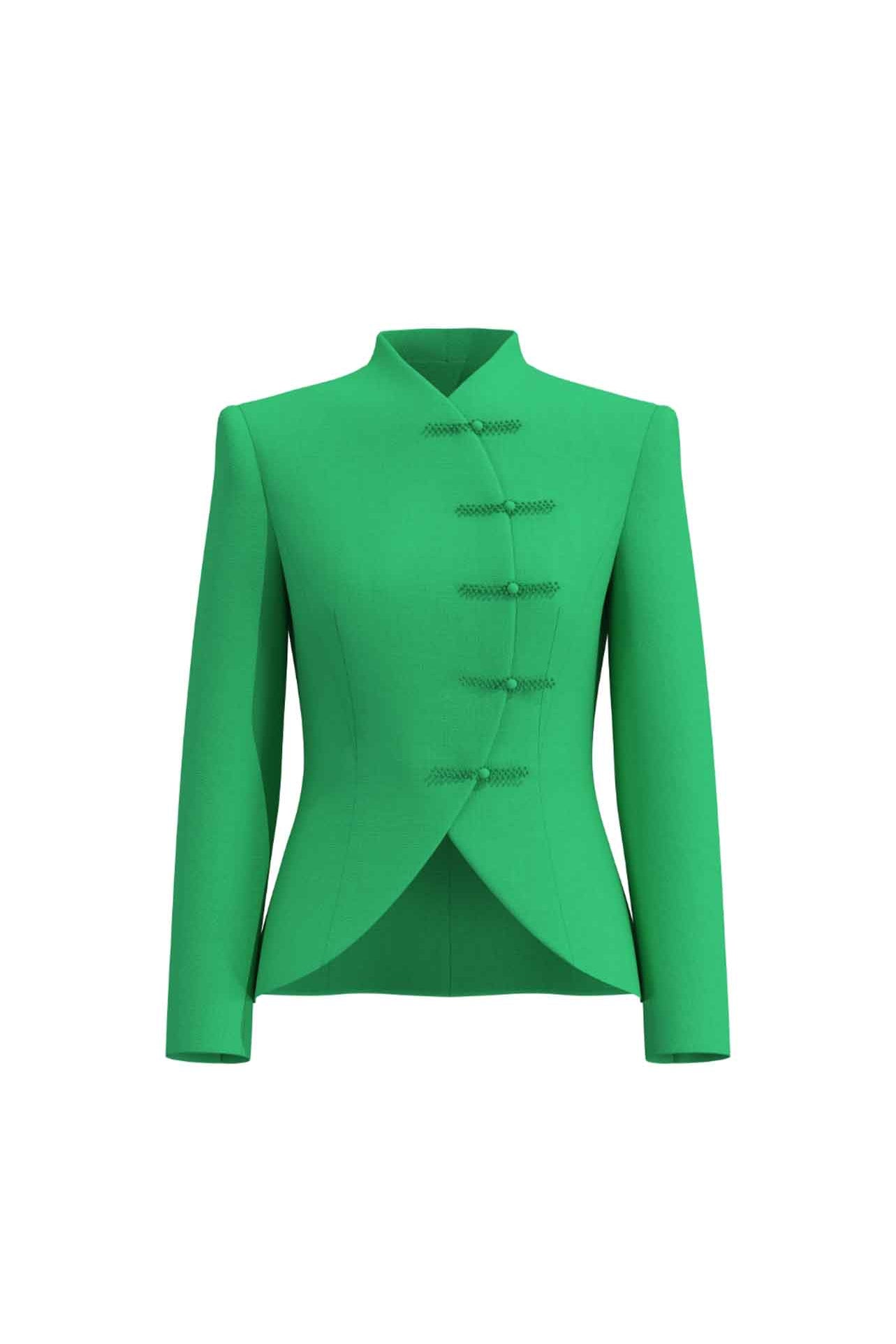 A professional woman wearing a stunning vibrant green blazer, featuring a traditional mandarin collar and elegant frog button detailing for a modern oriental-inspired executive look.