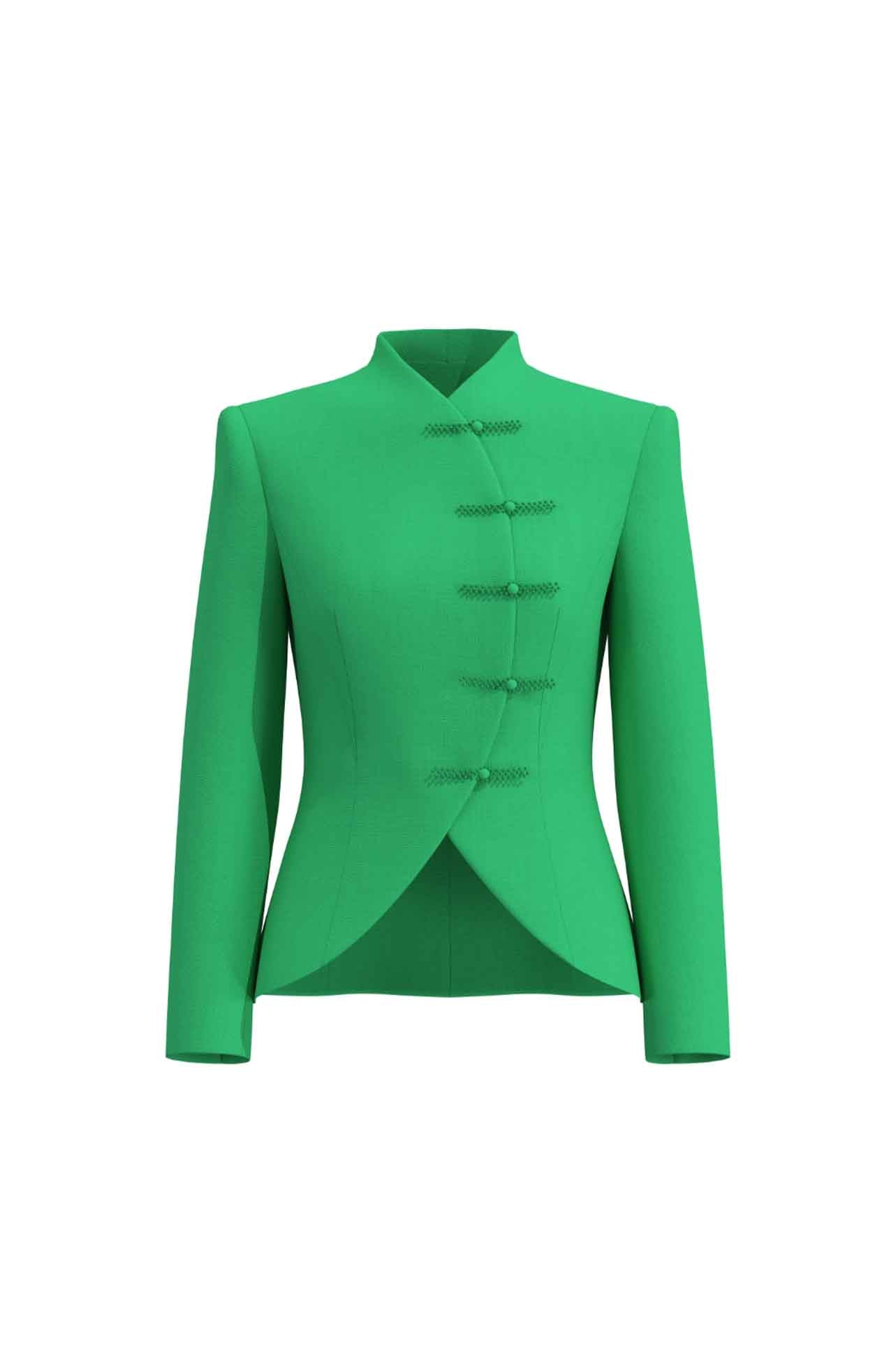 A professional woman wearing a stunning vibrant green blazer, featuring a traditional mandarin collar and elegant frog button detailing for a modern oriental-inspired executive look.