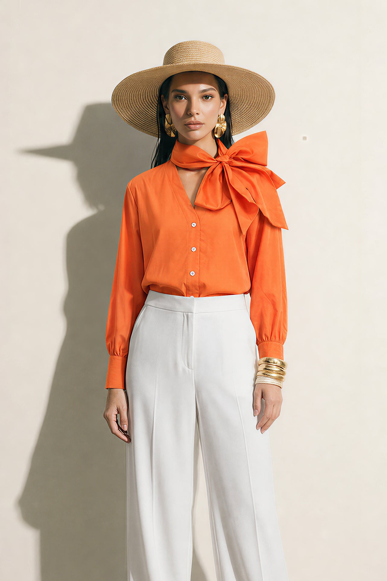 A style collection of three models presenting elegant dopamine office wear; the left in a white bow-tie blouse with a mustard yellow front-slit midi skirt, the center wearing a blue striped pussy-bow shirt with a straw hat and white wide-leg trousers, and the right in a vibrant orange satin blouse with a royal blue pencil skirt.