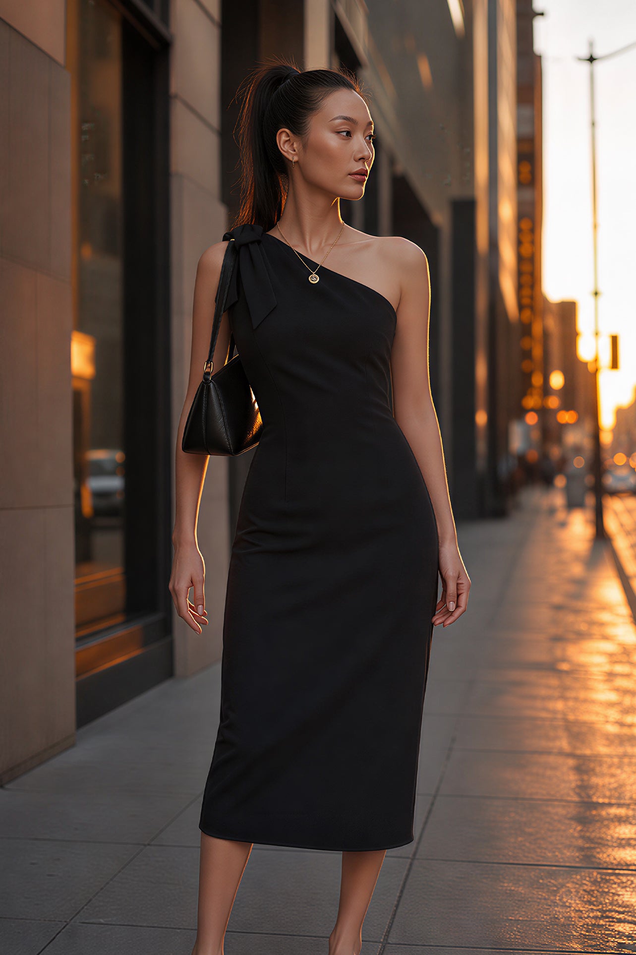 A style comparison of two elegant one-shoulder midi dresses; the left showcasing a sophisticated beige tailored sheath dress with a large tie-bow shoulder strap, and the right featuring the same design in timeless minimalist black.