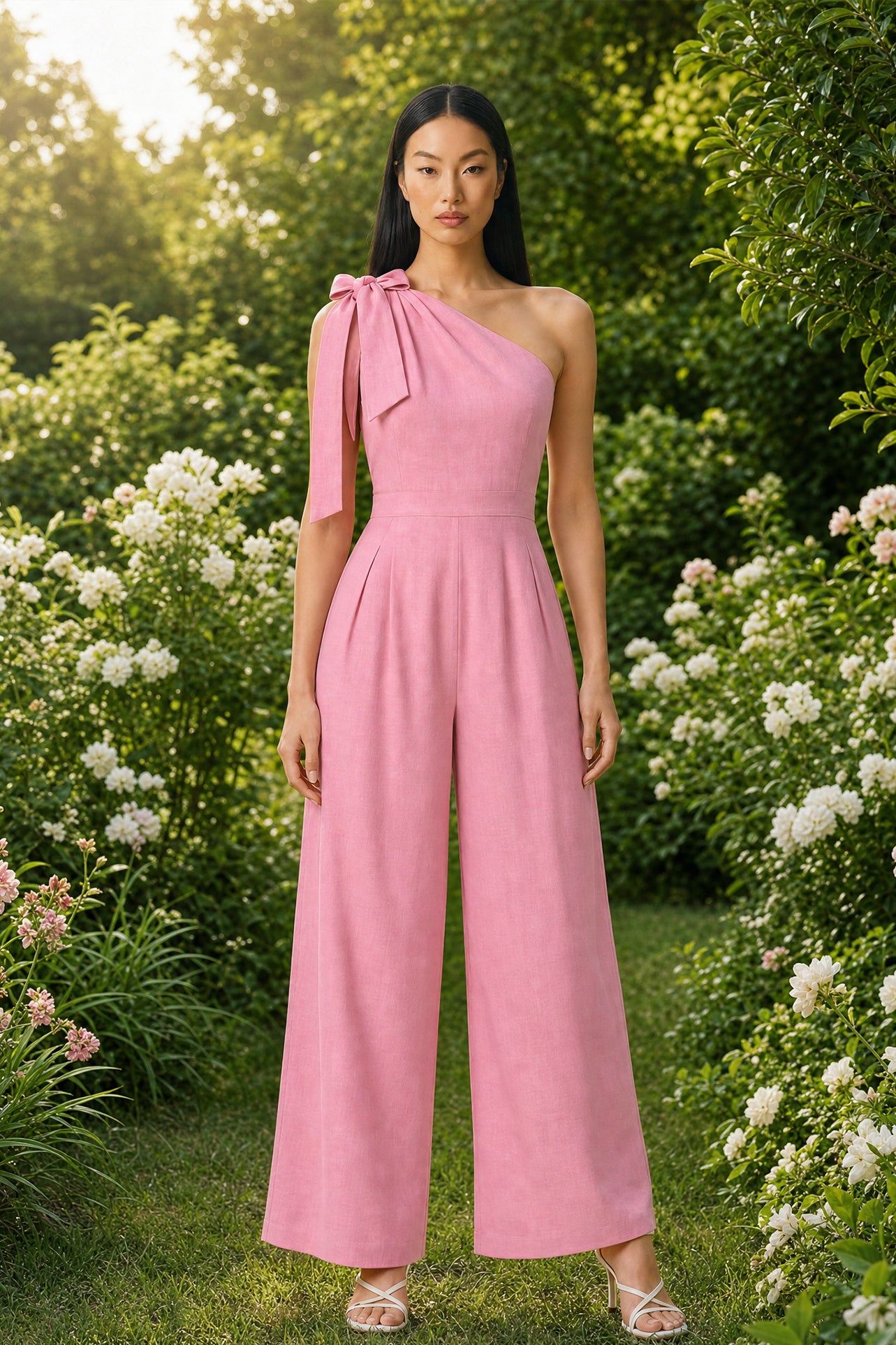 Two joyful women wearing elegant one-shoulder jumpsuits with large tie-bow shoulder straps in a sunny park; one jumps in a pastel pink wide-leg jumpsuit with yellow sneakers, while the other claps in a beige ankle-length jumpsuit.