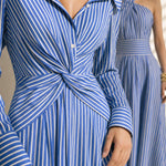 A style comparison of two elegant long-sleeve shirt maxi dresses featuring a unique twist knot waist design; the left showcasing a minimalist solid white dress with a popped collar, and the right featuring a classic blue and white vertical striped dress with a flattering A-line flare skirt.