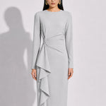 A style comparison of two elegant tailored long-sleeve midi dresses with side twist knotting and cascading ruffles; the left in a sophisticated light dove grey and the right in a vibrant royal blu