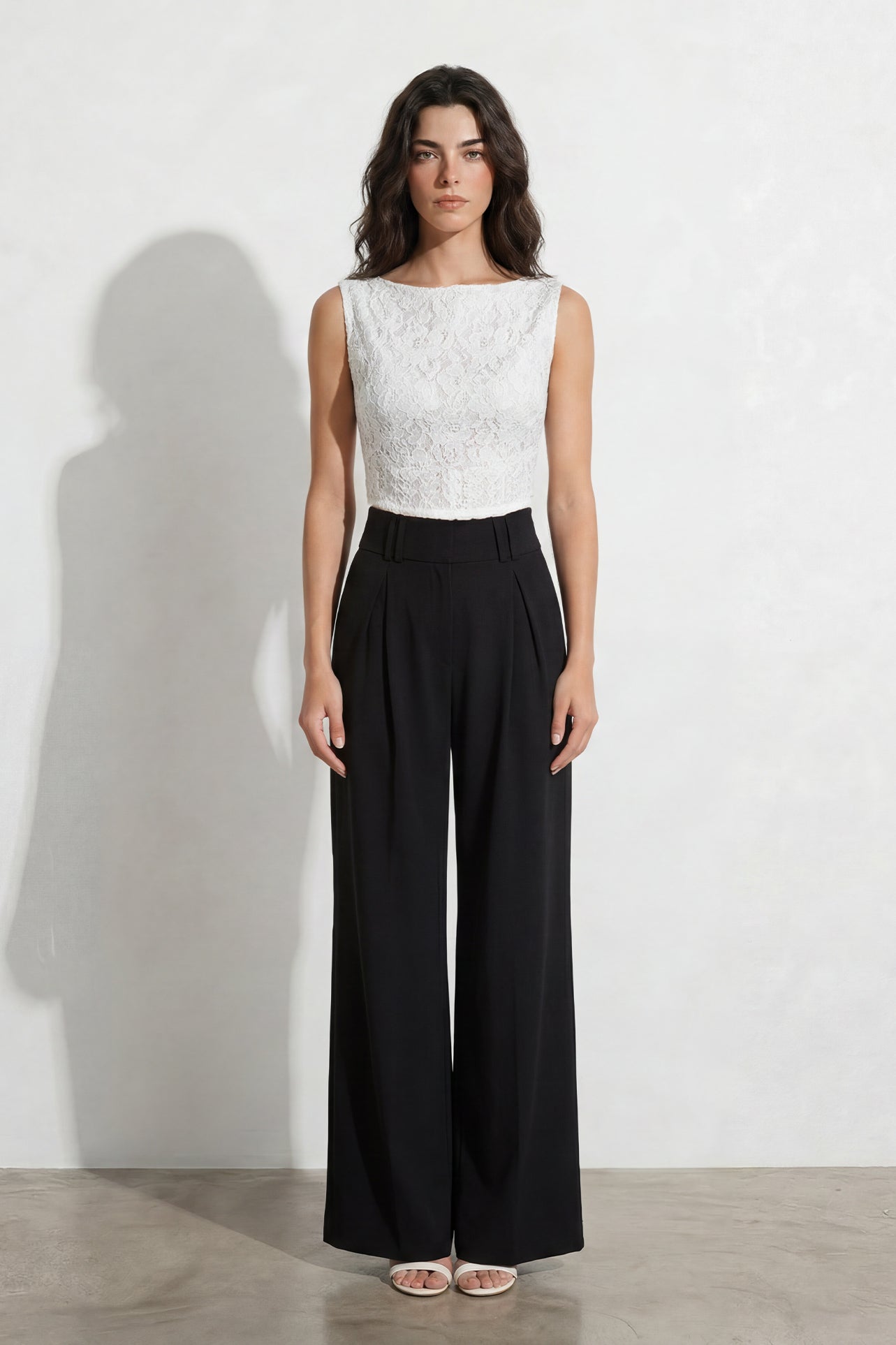 A style comparison of two professional office outfits: the left showing a sleeveless color-block lace dress with a white 3D flower bodice, and the right featuring a rich purple satin wrap halter top paired with the same navy blue lace pencil skirt for a sophisticated corporate look.