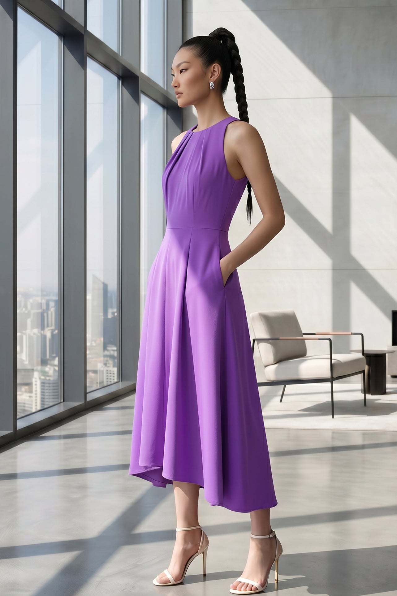 A style comparison of two elegant tailored midi dresses with a flowing high-low hem; the left showcasing a sophisticated light grey dress with a structured collared capelet sleeve, and the right featuring a vibrant purple sleeveless dress with refined pleated neckline and side pockets.