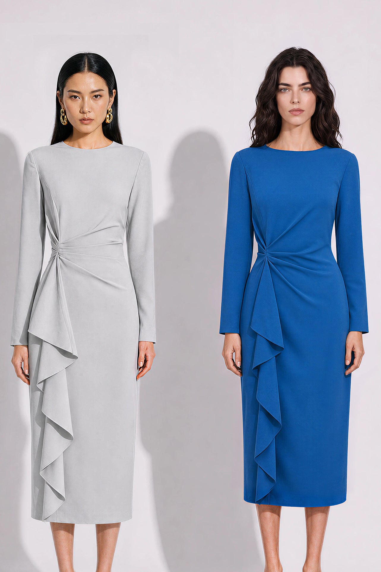 A style comparison of two elegant tailored long-sleeve midi dresses with side twist knotting and cascading ruffles; the left in a sophisticated light dove grey and the right in a vibrant royal blue