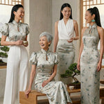 A beautiful woman modeling an elegant sleeveless modern qipao dress, featuring a champagne satin finish with dark green bamboo leaf prints and a sophisticated mandarin collar.