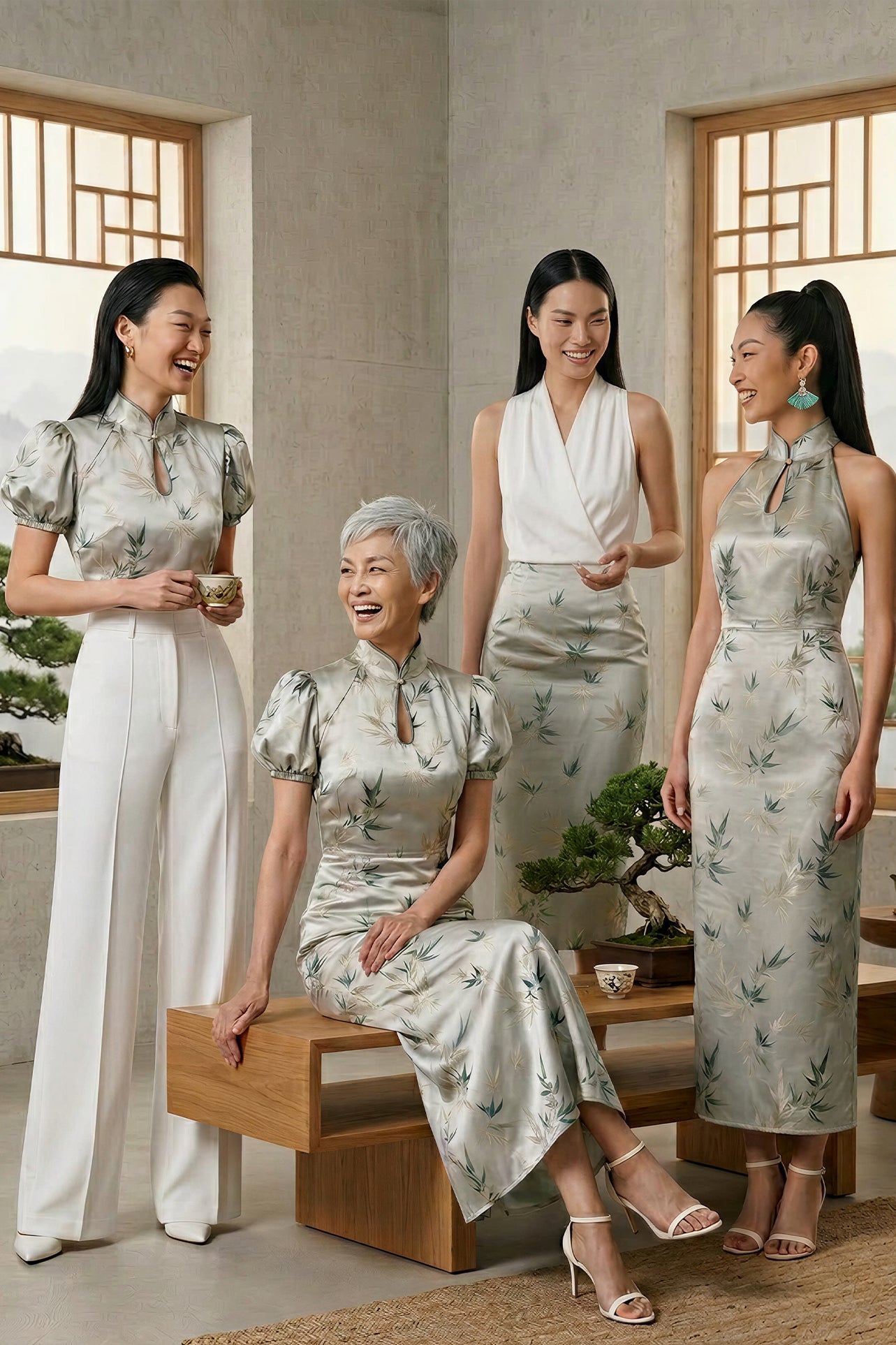 A beautiful woman modeling an elegant sleeveless modern qipao dress, featuring a champagne satin finish with dark green bamboo leaf prints and a sophisticated mandarin collar.