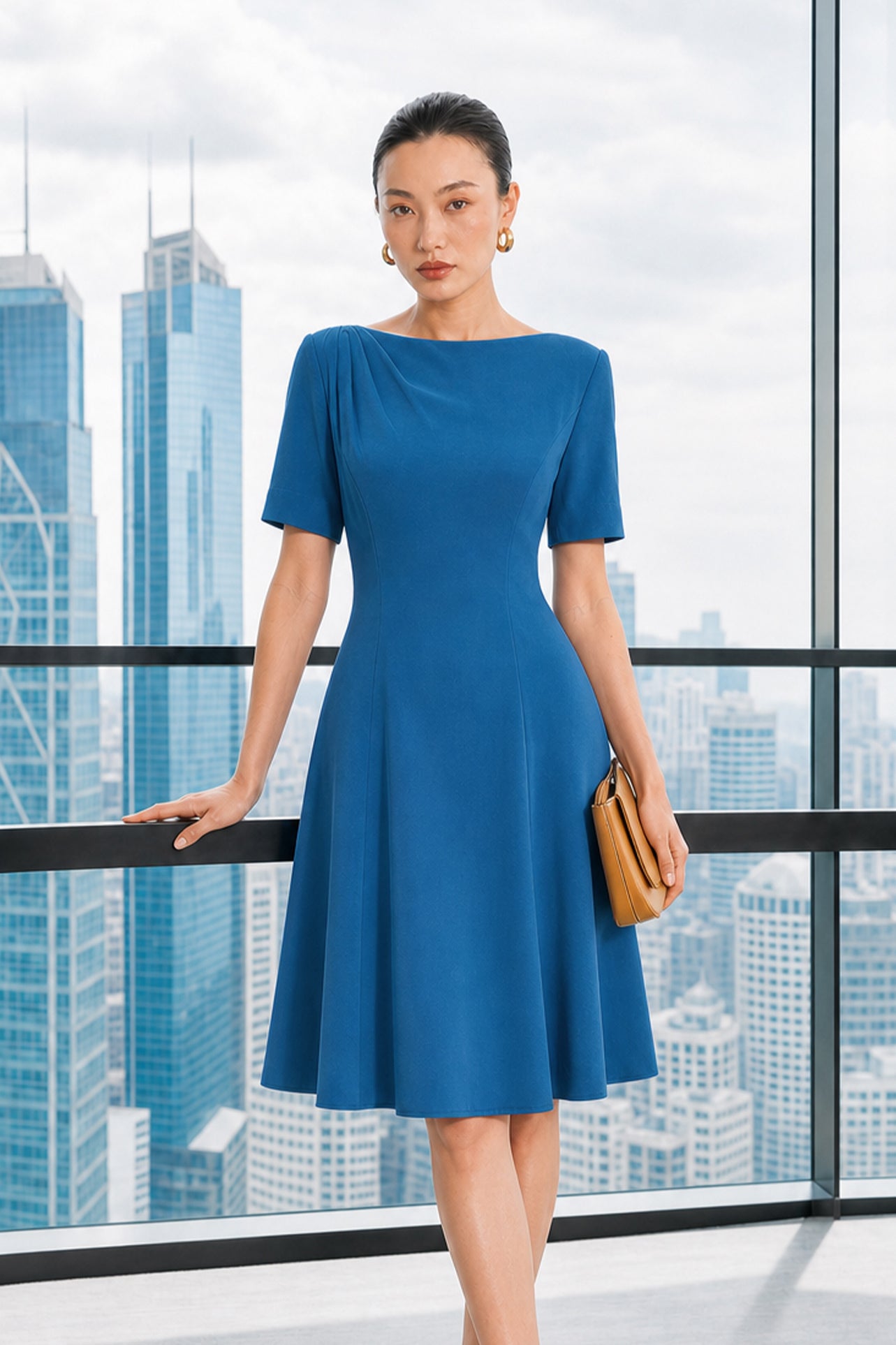 A beautiful model wearing a sophisticated medium blue A-line midi dress featuring an elegant boat neckline with refined asymmetric shoulder pleating, short sleeves, and a flowing flared swing skirt.