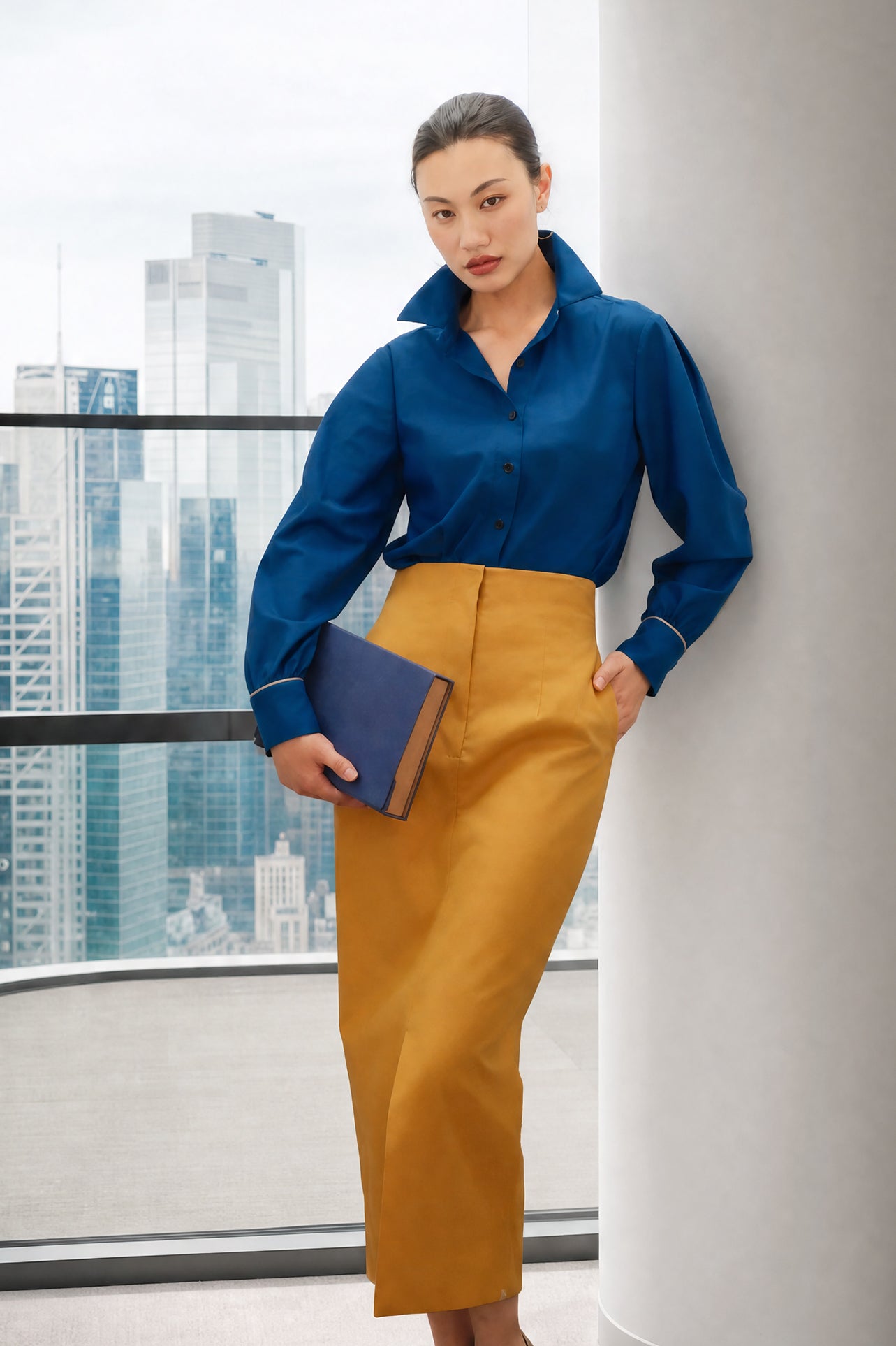 A style comparison of two elegant long-sleeve button-down work shirts with refined cuff stitching; the left in vibrant mustard yellow tucked into a grey pinstripe pencil skirt, and the right in royal blue paired with flowing white wide-leg trousers.