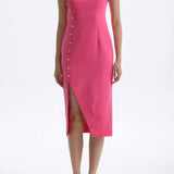 A professional woman wearing a vibrant hot pink modern qipao dress, featuring a classic mandarin collar, sleeveless design, and elegant gold button side-fastening with a sophisticated slit for an oriental chic look.