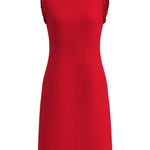 A professional woman wearing a sophisticated vibrant red tweed sleeveless mini dress, featuring a classic round neck, elegant frayed edges, and a slimming black waist belt for a chic holiday or office look.
