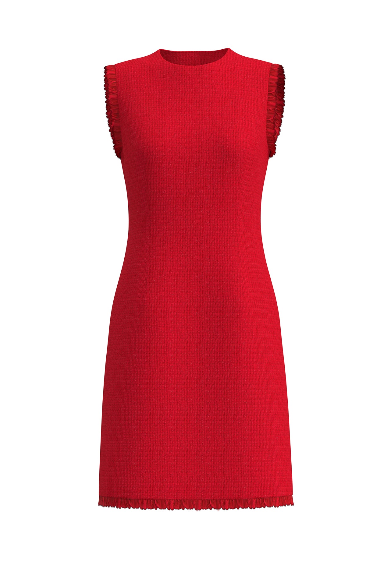 A professional woman wearing a sophisticated vibrant red tweed sleeveless mini dress, featuring a classic round neck, elegant frayed edges, and a slimming black waist belt for a chic holiday or office look.