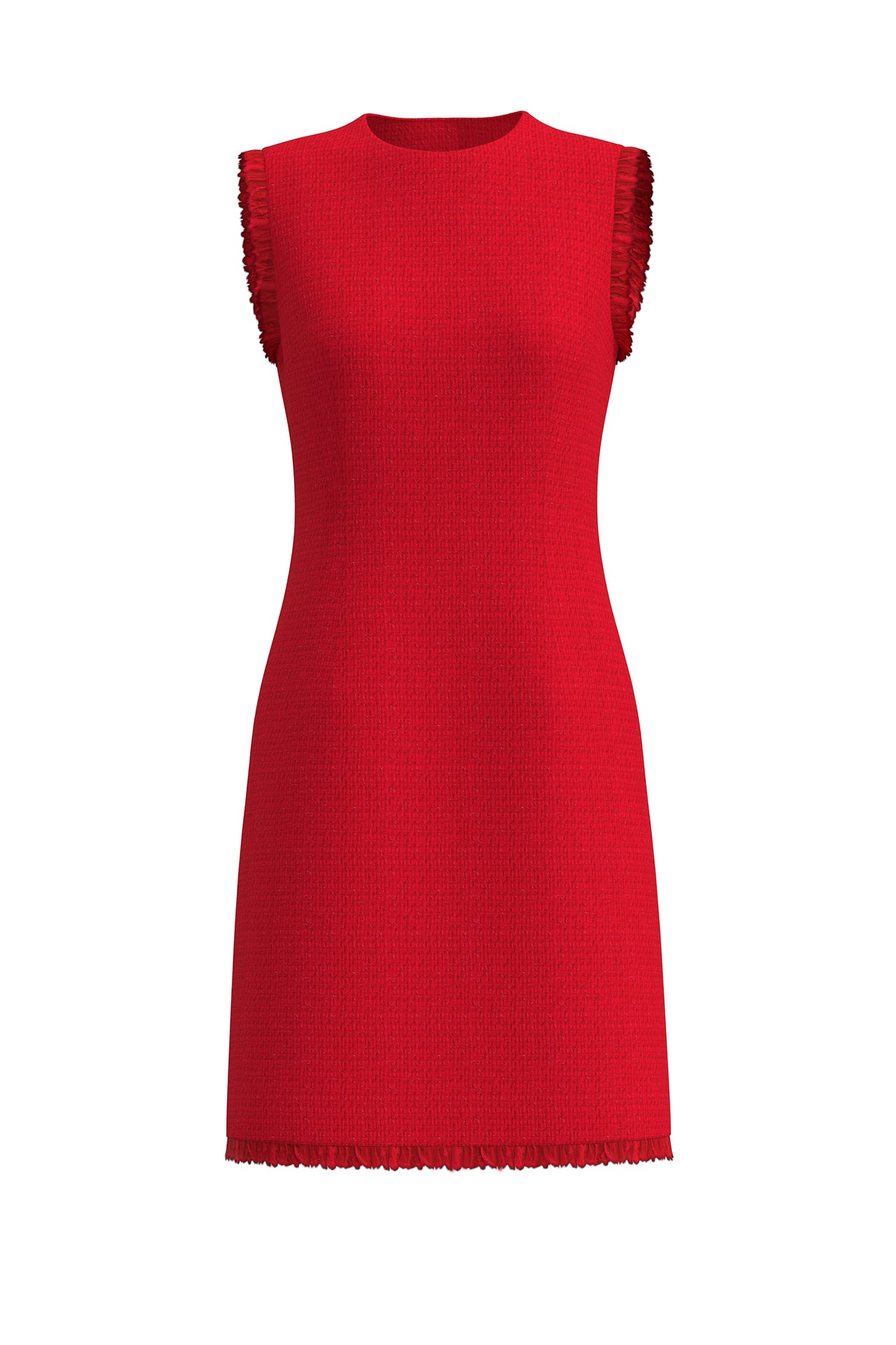 A professional woman wearing a sophisticated vibrant red tweed sleeveless mini dress, featuring a classic round neck, elegant frayed edges, and a slimming black waist belt for a chic holiday or office look.