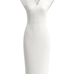 A professional woman wearing a sophisticated solid white sleeveless sheath dress, featuring a flattering V-neckline and an elegant thin black belt with a gold buckle for a polished executive office look.