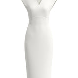 A professional woman wearing a sophisticated solid white sleeveless sheath dress, featuring a flattering V-neckline and an elegant thin black belt with a gold buckle for a polished executive office look.