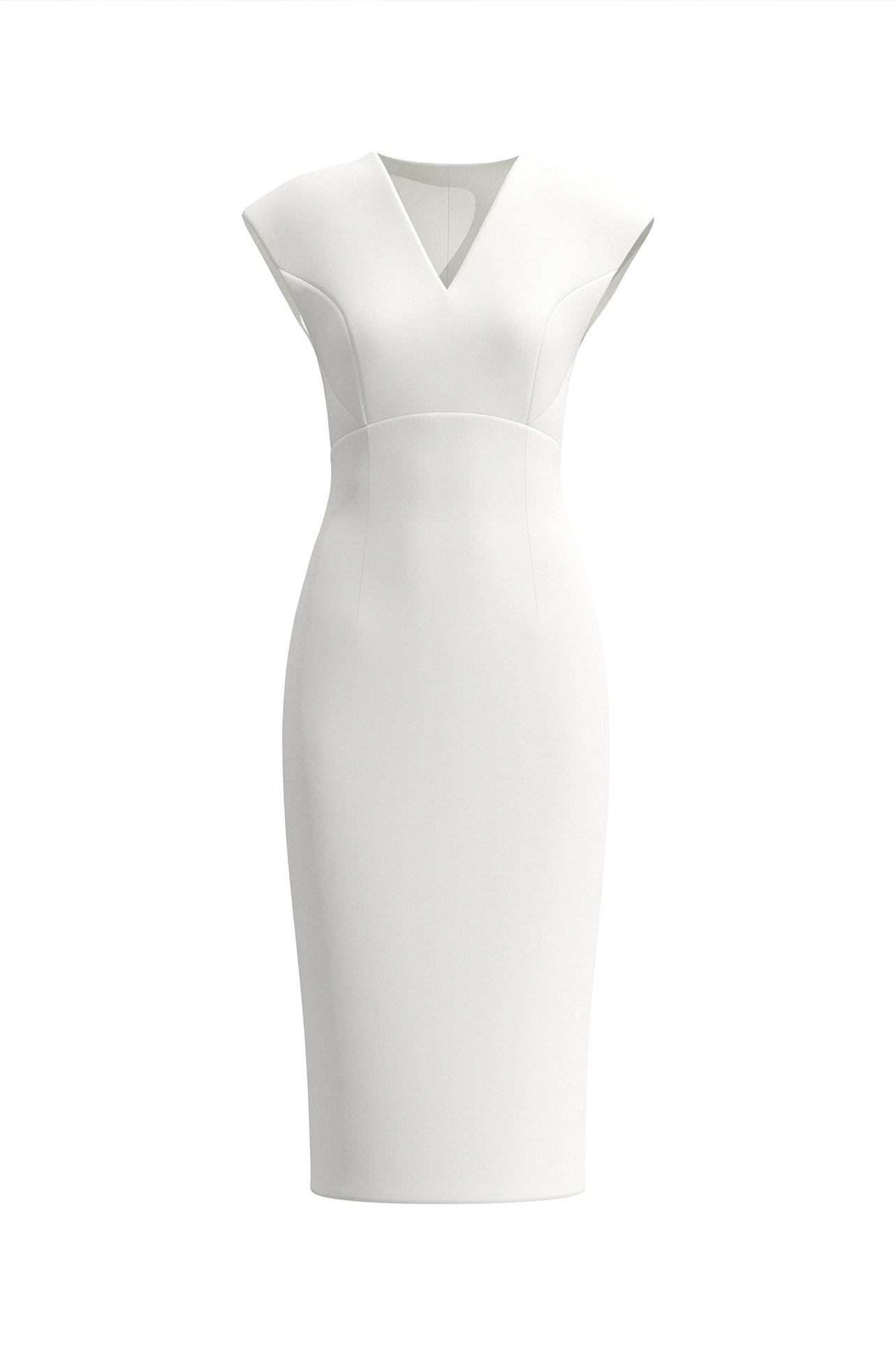 A professional woman wearing a sophisticated solid white sleeveless sheath dress, featuring a flattering V-neckline and an elegant thin black belt with a gold buckle for a polished executive office look.