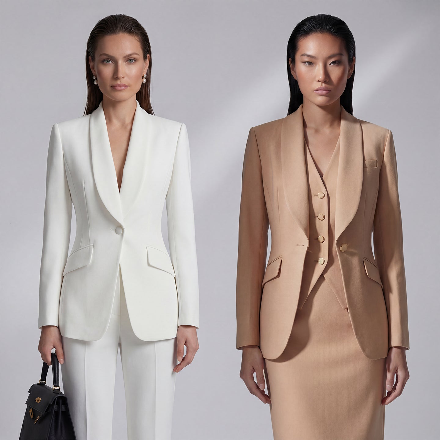 Two professional women showcasing high-end executive business suits: one in a crisp white pant suit with a shawl lapel blazers, and the other in a sophisticated camel skirt suit with a tailored vest, perfect for formal corporate settings.